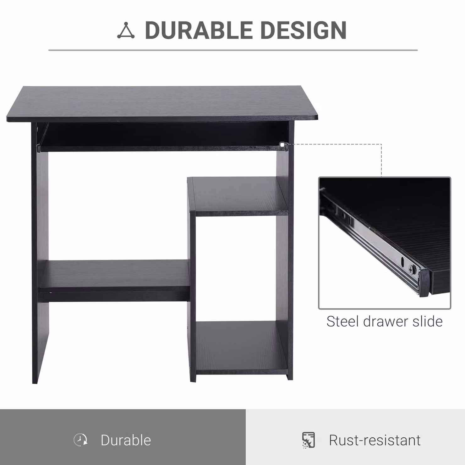 HOMCOM Modern Black Compact Computer Desk with Keyboard Tray and Storage Shelf – 6