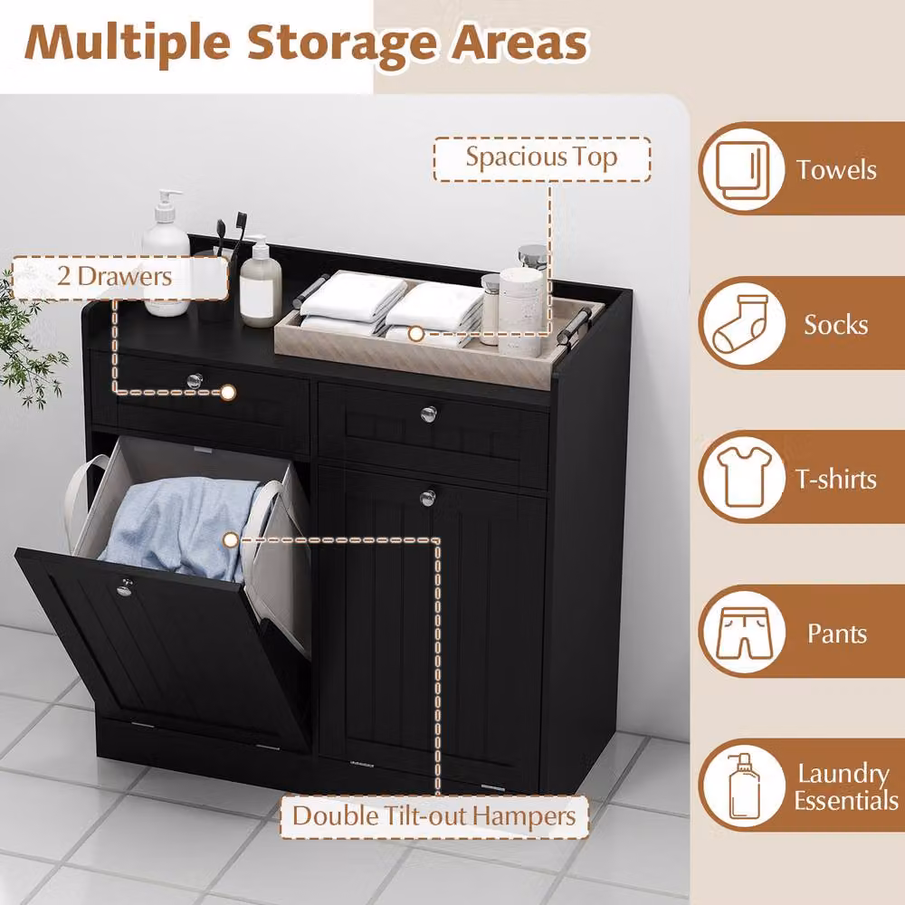 Costway Black Tilt-Out Laundry Hamper Cabinet and Bathroom Storage Unit with 2 Drawers – 7