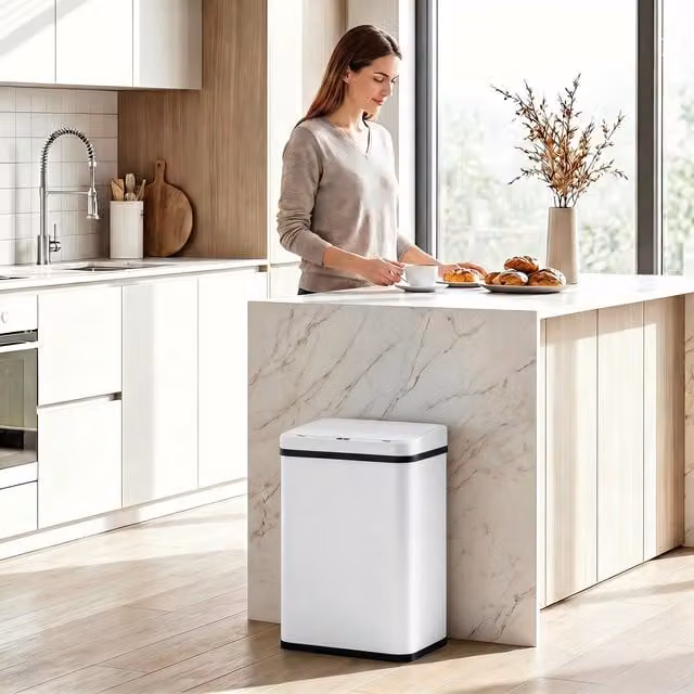 HOMCOM 40L White Sensor Bin with Soft-Close Lid and Fingerprint-Proof Stainless Steel Finish