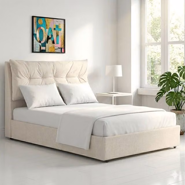 OAT Home Prestbury Pillowback Upholstered Ottoman Storage Bed in Beige, W/D/H: 140 x 200 cm