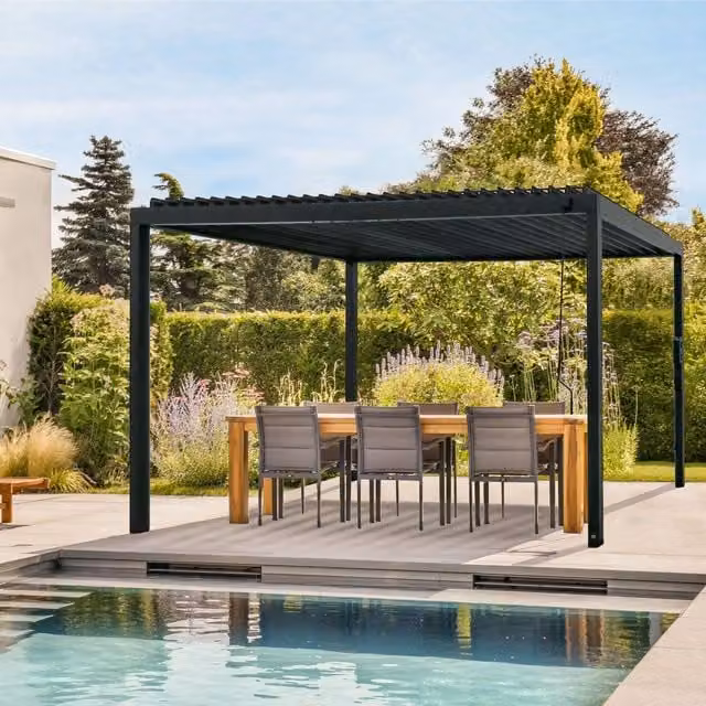 Backyard Discovery Sarasota Louvered Steel Outdoor Patio Pergola with Powerport, Black, W: 493.73 cm, D: 252.73 cm