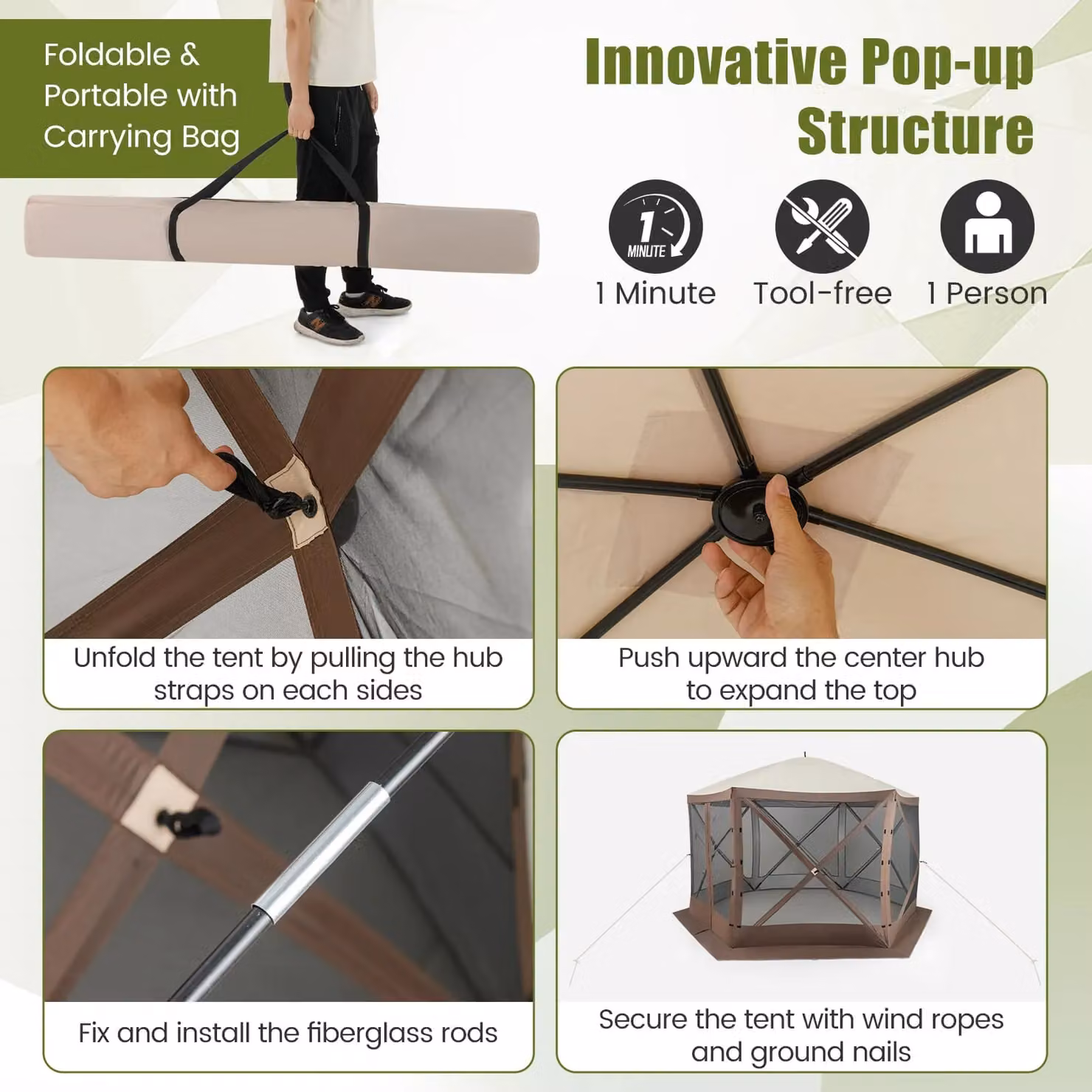 Costway Pop-up Gazebo Tent Outdoor Canopy Sun Shelter, Brown, W: 350 cm, D: 230 cm, H: 236 cm – 6