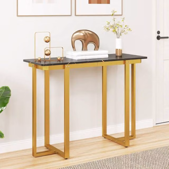 EONLION Modern Faux Marble Console Table in Black with Metal Geometric Design, Width: 100 cm