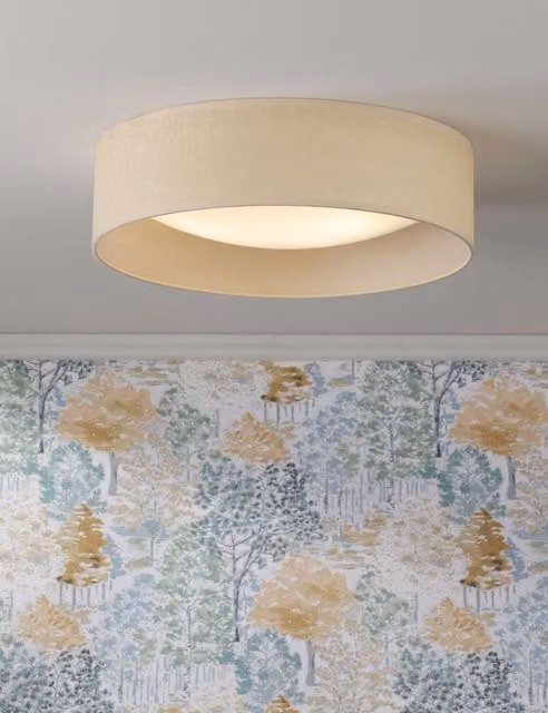 Laura Ashley Buckingham Flush Ceiling Light in Beige with Rattan, Wood and Fabric Details