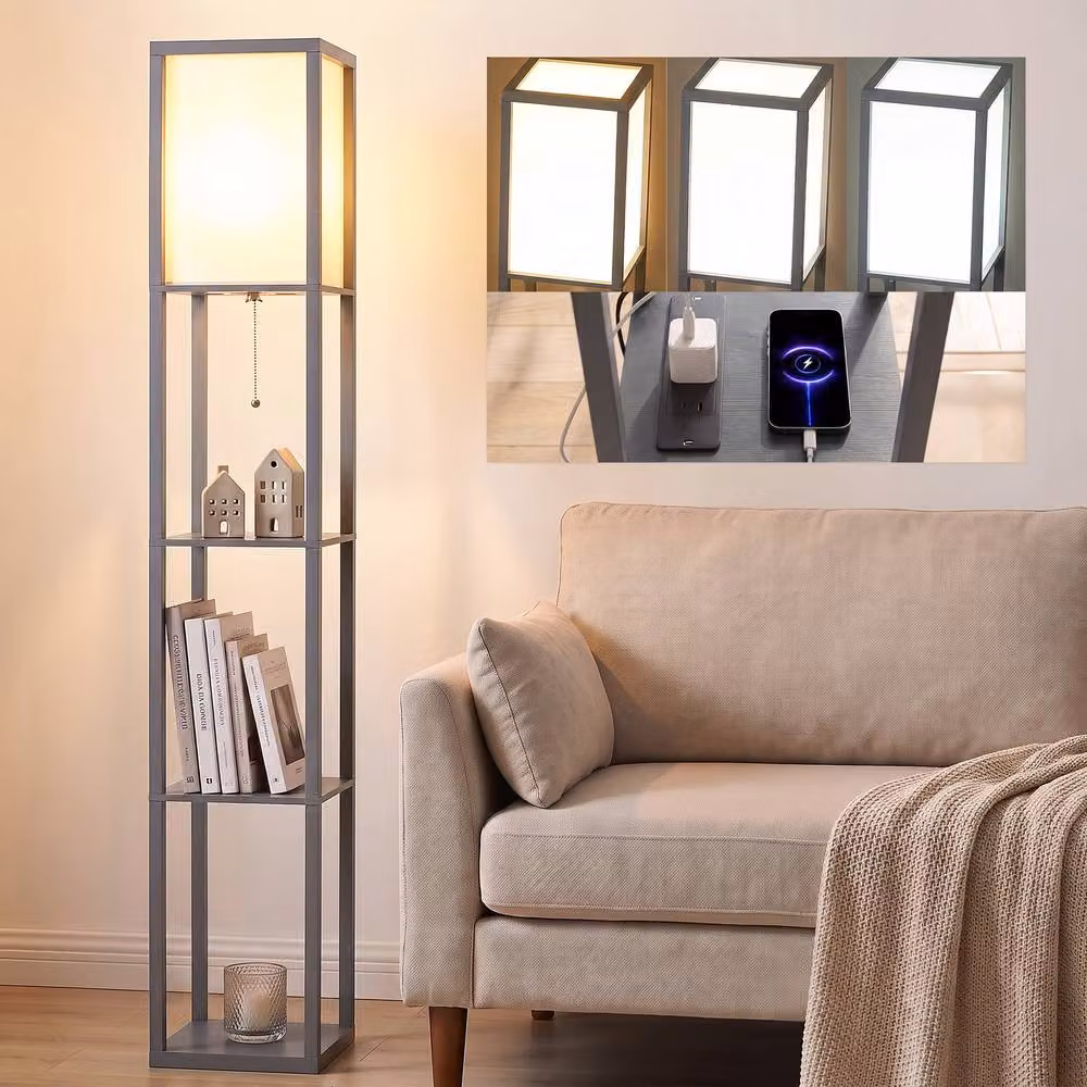 HOMCOM Modern 3-Tier Floor Lamp with Storage Shelves and LED Light in Grey – 7