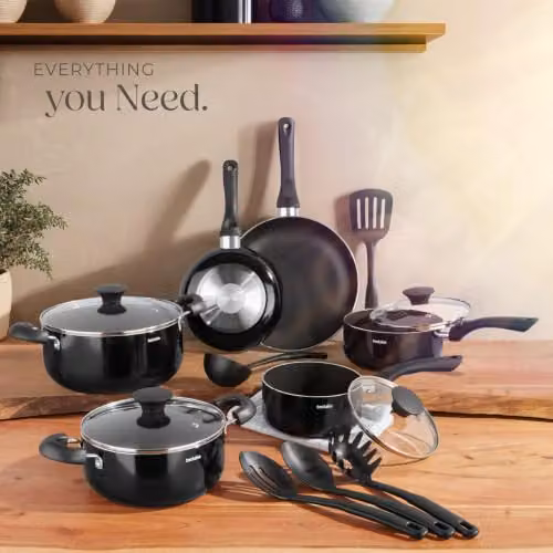 tectake 15-Piece Aluminium Cooking Pot and Pan Set with Non-Stick Coating and Glass Lids in Black – 7