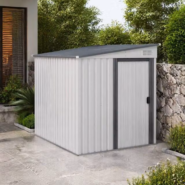 STILVORA White Galvanised Steel Garden Storage Shed with Sliding Door, Shelving and Side Vent, H 195.0 x W 152.4 x D 181.0 cm – 1