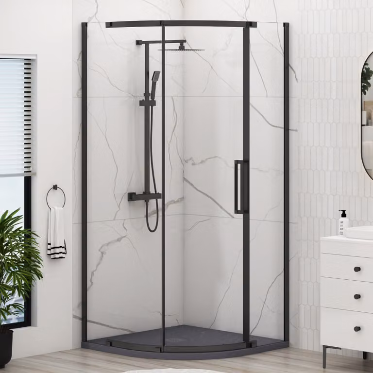 Royal Bathrooms Chelsea Single Door Quadrant Shower Enclosure with Grey Stone Mineral Cast Tray, 8mm Easy Clean Glass, Matt Black, Height: 195 cm