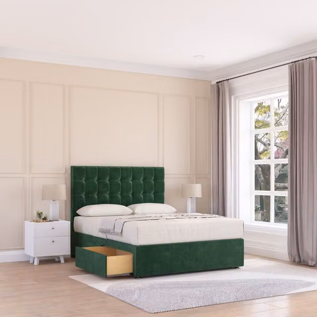 Sloomy Alabama Super King Divan Bed Base with 4 Drawers and Floor Standing Headboard in Green Velvet