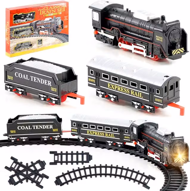 The Magic Toy Shop Battery Operated Motorised Train Set with Track and Head Light in Black and Brown