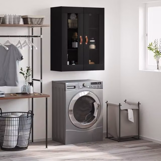 Berkfield Home Wall Mounted Cabinet with Glass Doors, Black, W/D/H: 69.5 x 34 x 90 cm