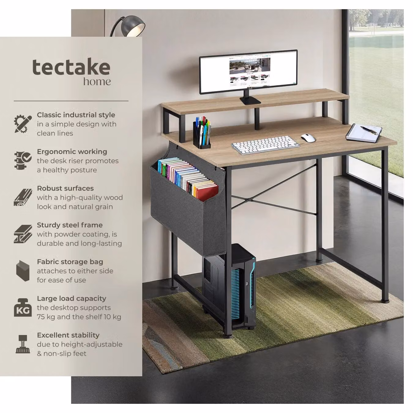 tectake Industrial Desk with Shelving and Fabric Storage Bag in Oak, W/D/H: 120 x 60 x 110 cm – 2