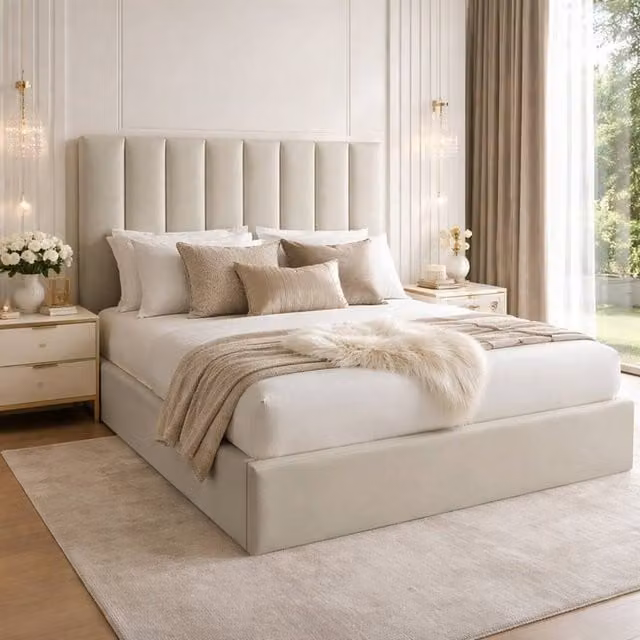 Desire Deco Suenna Upholstered Plush Velvet Panel Bed Frame in Light Beige, Size: Super King (200 x 200 cm)