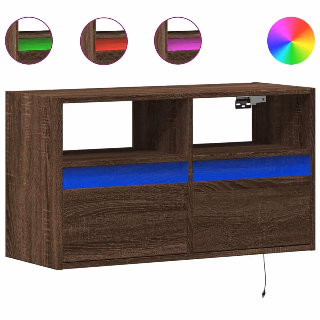 Berkfield Home Modern Wall Mounted TV Cabinet with LED Lights in Brown Oak, W/D/H: 80 x 31 x 45 cm – 2