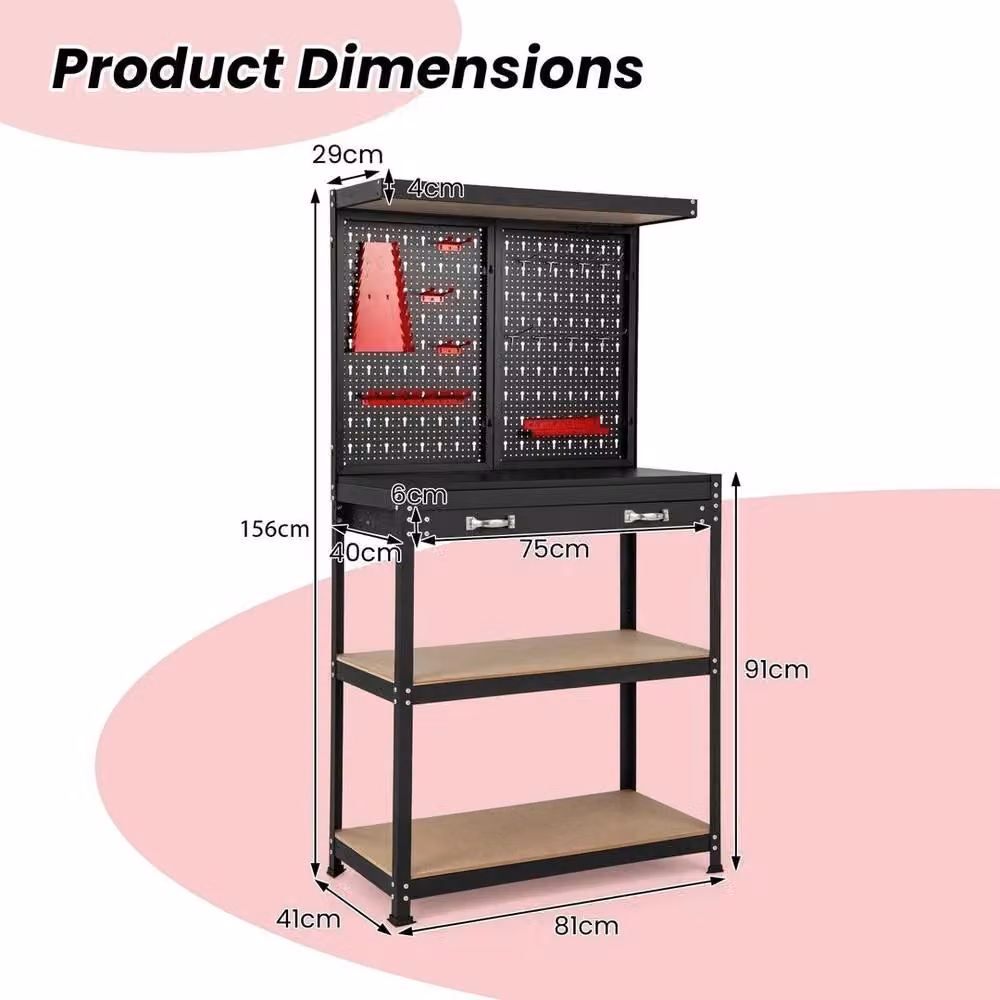 VOGREX Garage Tool Storage Workbench with Pegboard in Black – 2