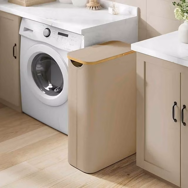 The Bazaarist Slim Laundry Hamper with Lid and Removable Mesh Liner, Brown and Beige, W/D/H: 22.5 x 42.0 x 70.5 cm