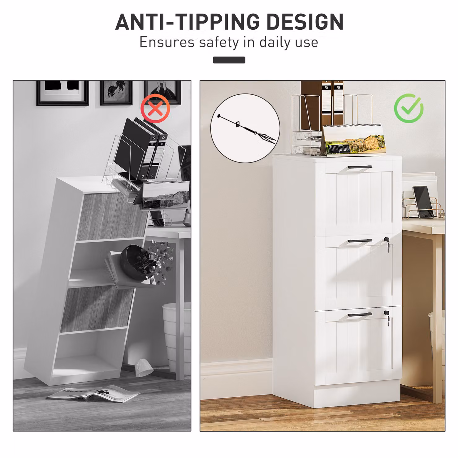 HOMCOM 3 Drawer Filing Cabinet with Lock and Adjustable Hanging Bars for A4 and Letter Size Files, White – 4
