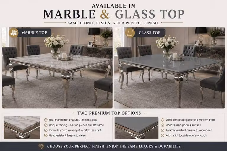 Stratus Interiors Louis Modern Round Glass Top Dining Table with Curved Metal Legs in Grey, Diameter: 130 cm