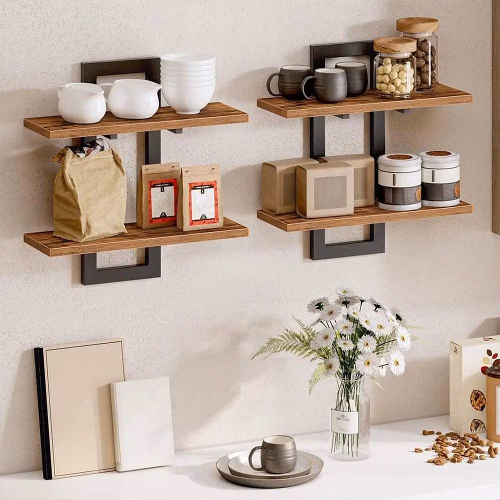 KORVIXA 2-Tier Industrial Wall Mounted Geometric Storage Shelves in Brown, Width: 90 cm – 5