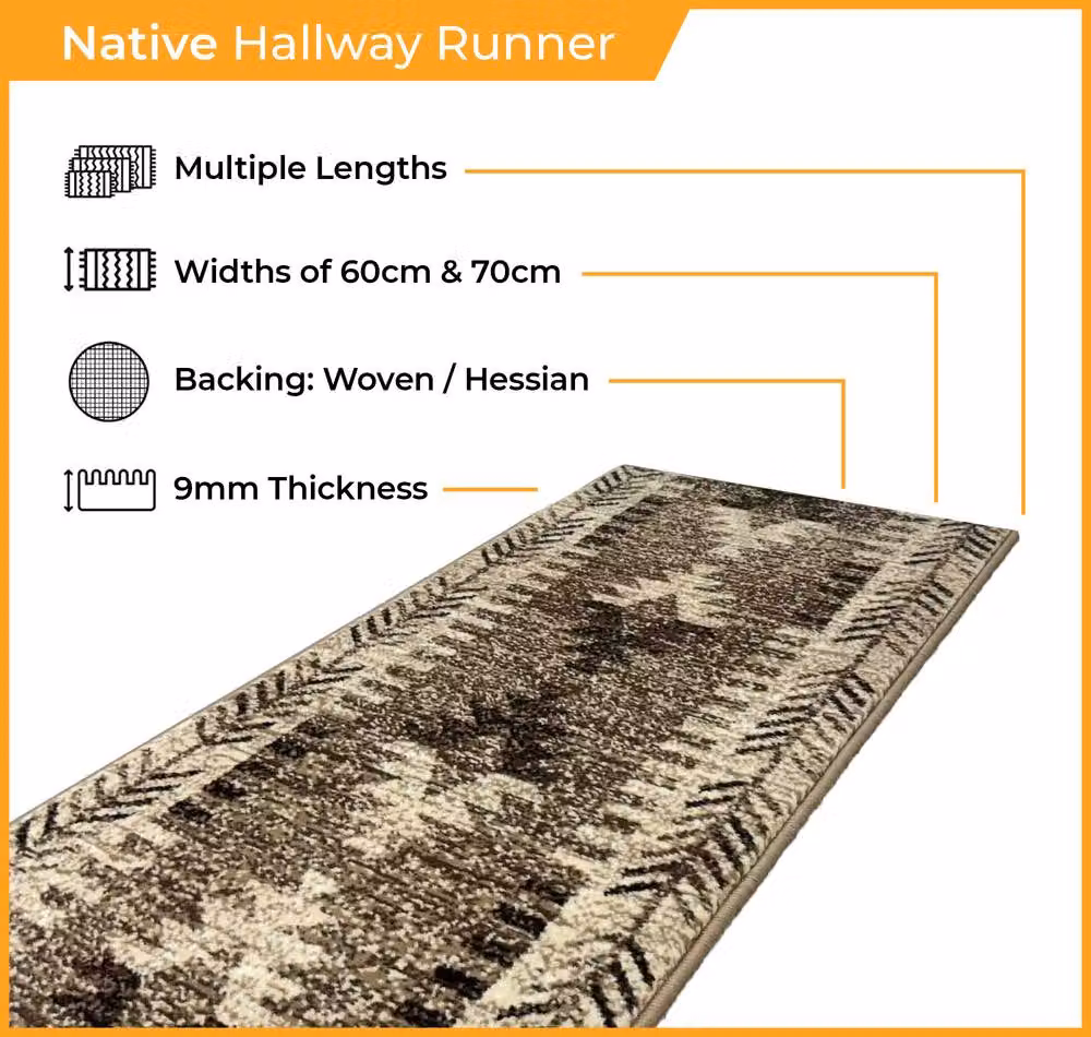 runrug Native Hallway Carpet Runner Rug in Beige and Multicolour, W: 60 cm, L: 390 cm – 2