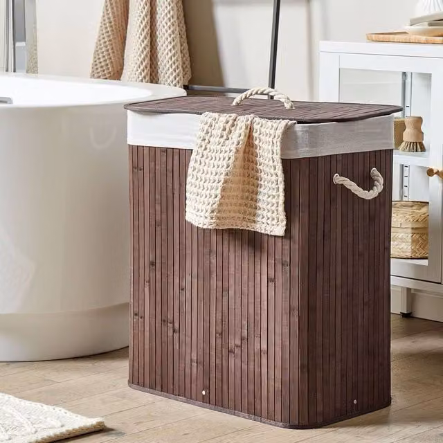 Wyld and Coco Two-Compartment Brown Bamboo Laundry Hamper with Lid and Rope Handles