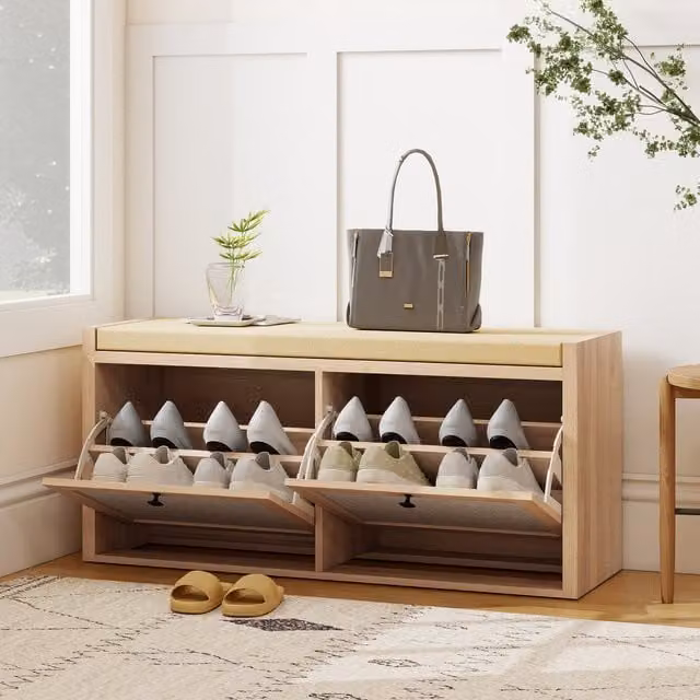 HOMCOM Rattan Shoe Bench with Padded Cushion and 2 Cabinets in Oak Wood Effect