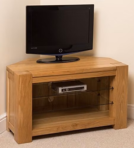Thats Furniture Kuba Solid Oak Corner TV Unit with Glass Shelves in Light Oak, W: 104 cm, D: 61 cm, H: 60 cm – 1
