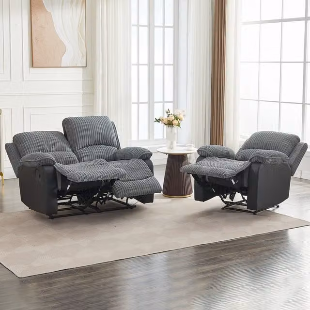 Furniture One Grey Corduroy 3-Seater Manual Reclining Sectional Sofa