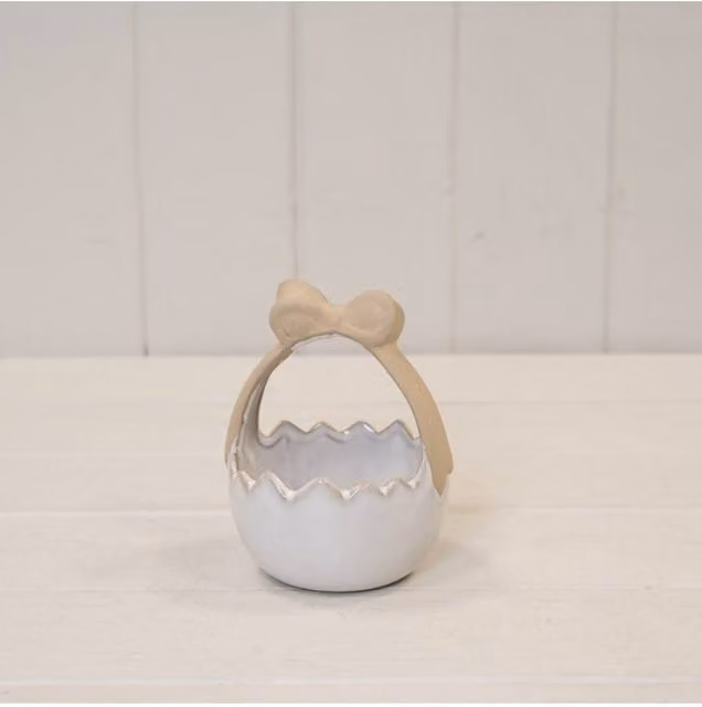 KDMD White Glazed Ceramic Easter Egg Basket with Unglazed Bow Handle
