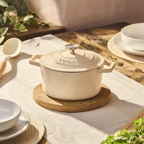 Cooks Professional Enamelled Cast Iron 20cm Casserole Dish with Lid and Handles, 2.8l, Ivory – 2