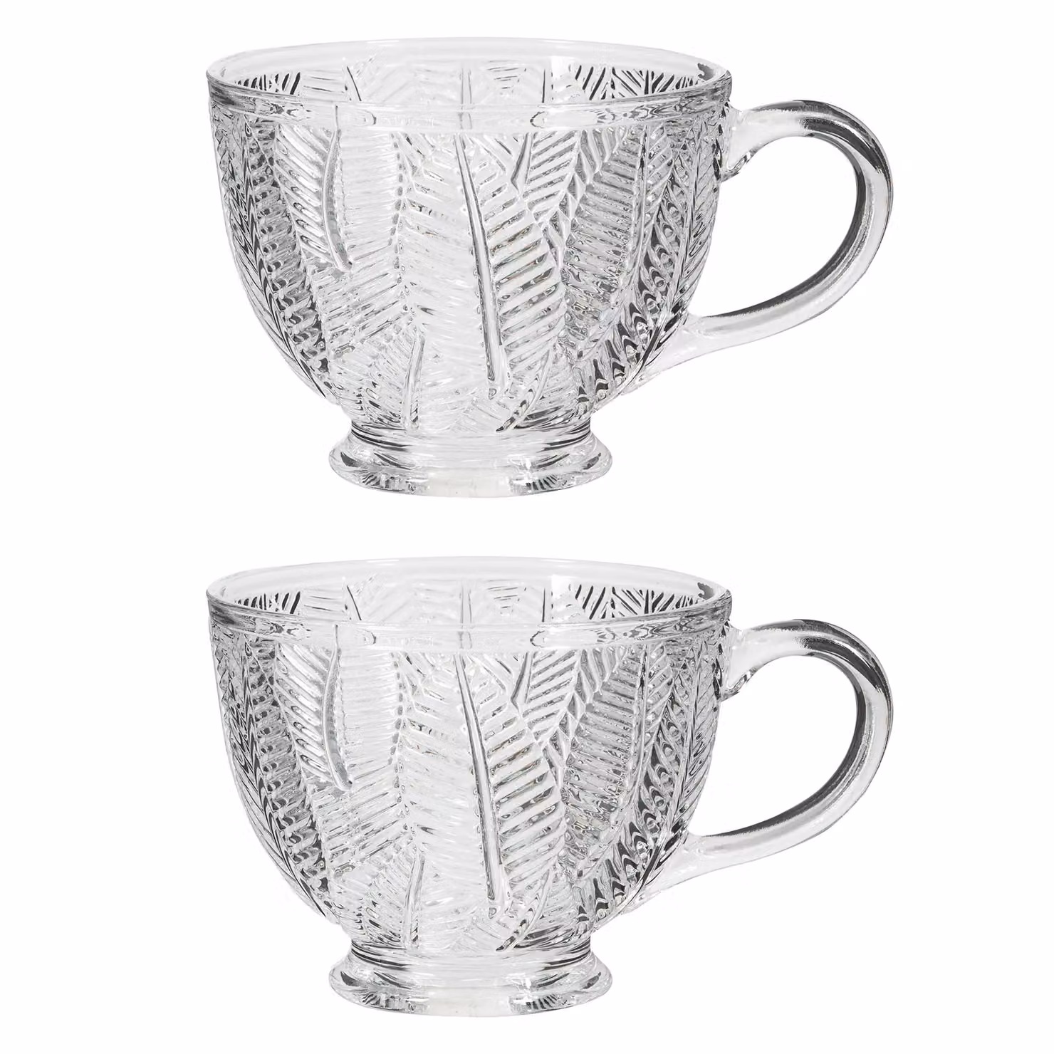 Dibor Set of 2 Vintage Embossed Botanical Design Glass Coffee Mugs, 400ml, Clear – 2