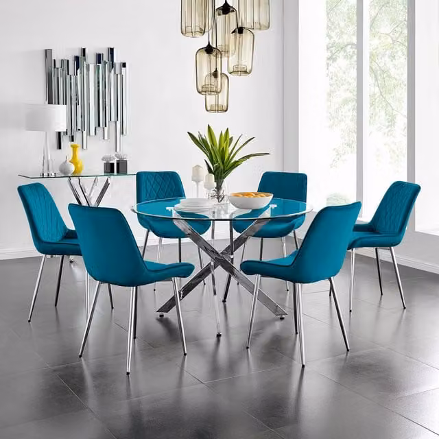 FurnitureboxUK Novara Round Glass Dining Table and Six Pesaro Blue Chairs with Silver Legs, Diameter: 120 cm