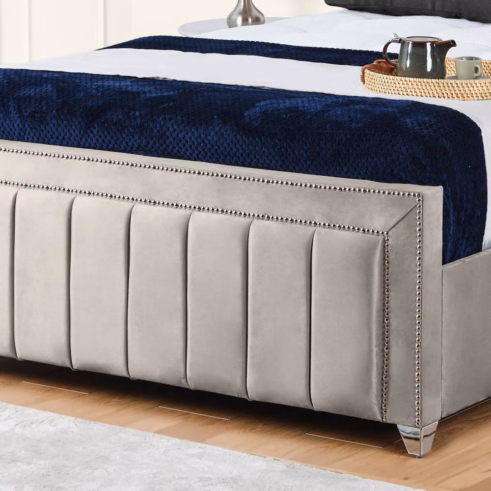 UK Bed Furniture Fiona Upholstered Slatted Base Bed with 48 Inch Headboard in Light Beige, Size: Super King (W/D/H: 200 x 200 cm) – 3
