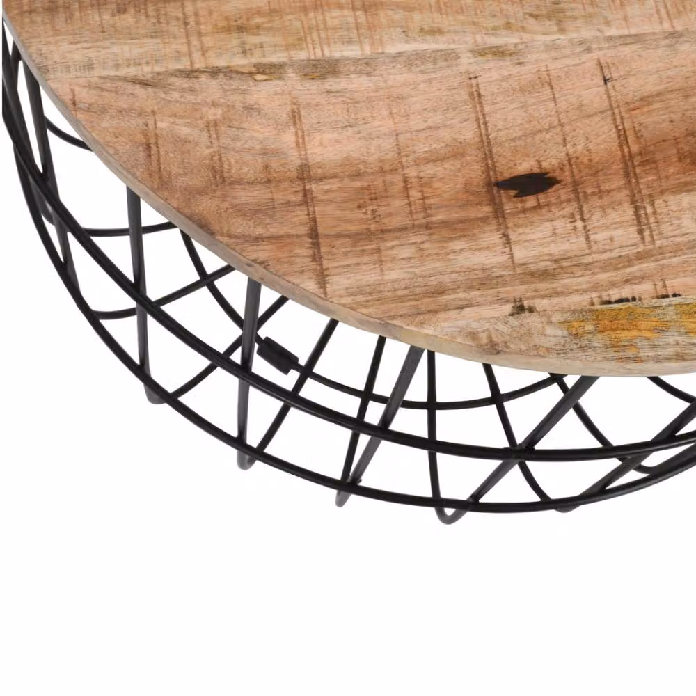Wyld Haus California Round Solid Mango Wood Coffee Table with Black Metal Wire Base in Brown – 3
