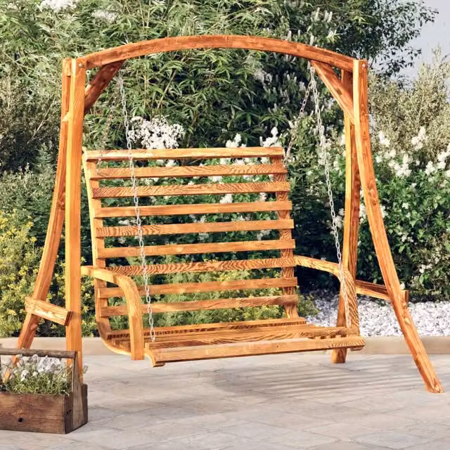 Berkfield Home Solid Bent Wood Swing Bench with Teak Finish in Brown, W/D/H: 126 x 63 x 92 cm
