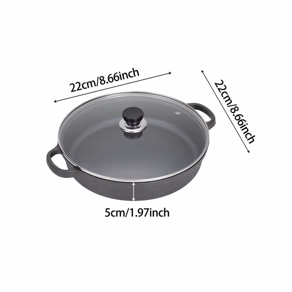PAWNORA Uncoated Cast Iron Casserole Frying Pan with Lid, Grey, Diameter: 22 cm – 2