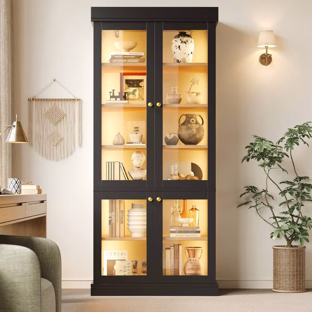 BTM Modern Freestanding LED Glass Display Cabinet with Glass Doors in White and Black – 5
