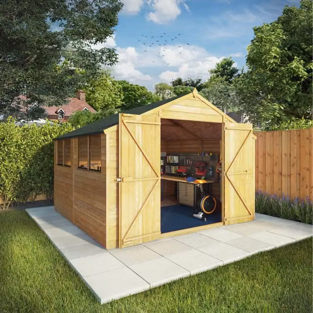 Waltons Wooden Overlap Apex Roof Garden Storage Workshop Shed, Brown, W: 304.8 cm x D: 304.8 cm