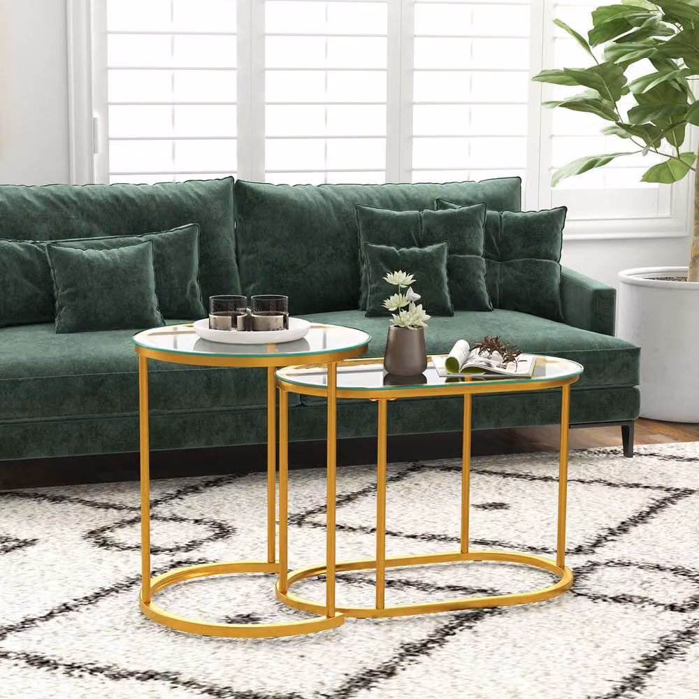 Gymax Nesting Coffee Table Set with Gold Metal Sled Base and Transparent Glass Tabletops – 4