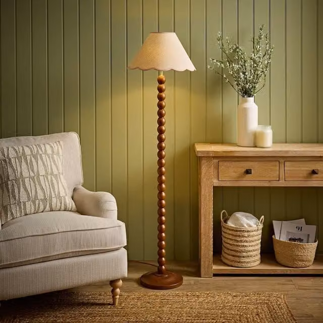 Bobbin Colour Trim Linen Bobble Floor Lamp in Walnut and Pink