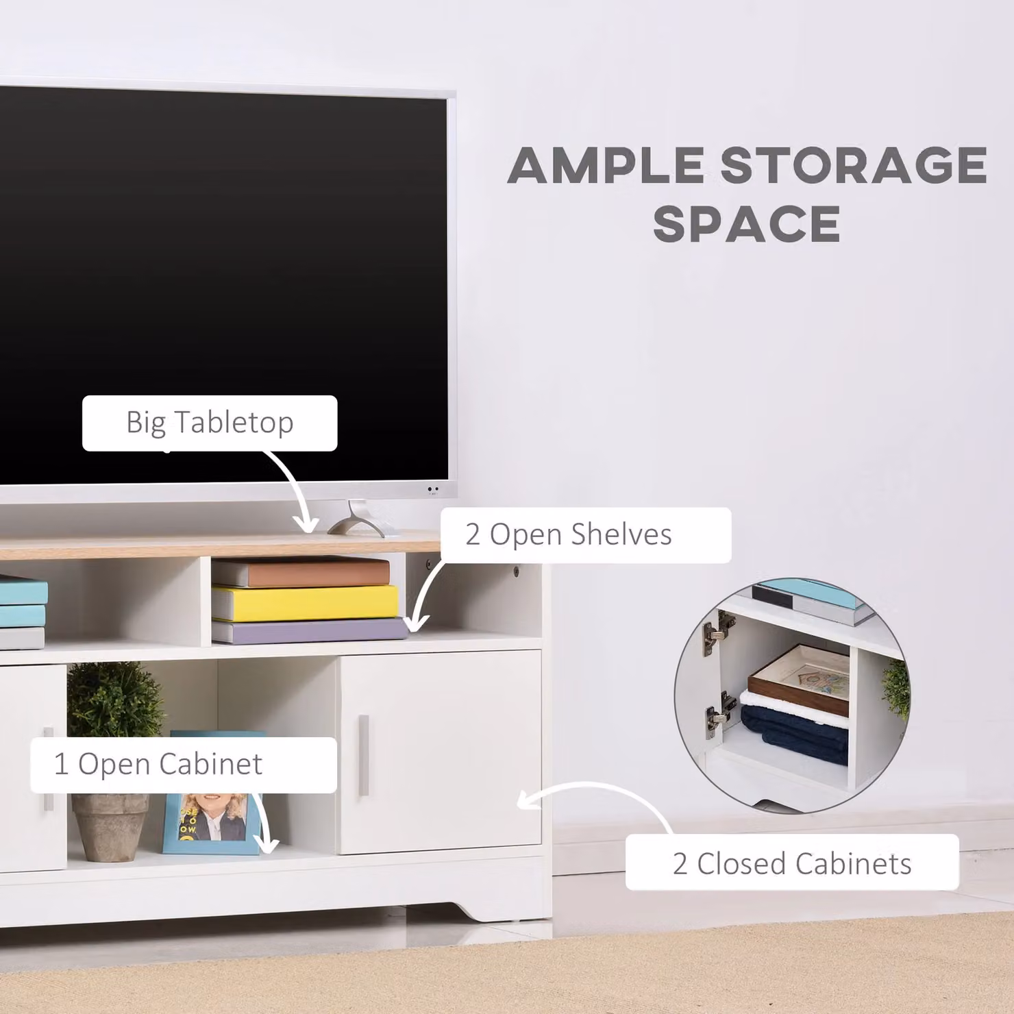 HOMCOM Modern White TV Stand with Storage Cabinets and Shelves – 3