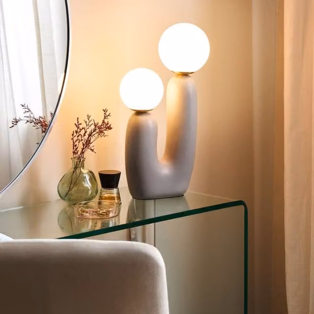 Wyld and Coco Grey Resin Table Lamp with Transparent Glass Sphere Shades