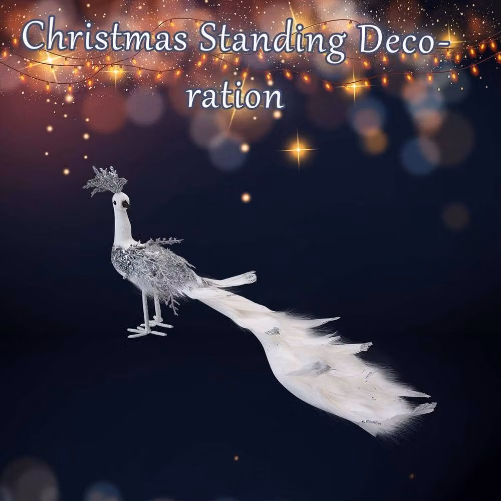 VFM e-Store Silver and White Velvet Peacock Christmas Decoration, W/H: 20 x 17 cm – 2