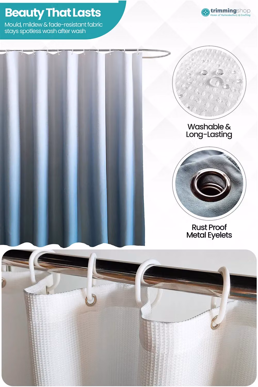 Neel Blue Gradient Blue Polyester Bathroom Shower Curtain with 12 Hooks, Mould and Mildew Resistant, W: 180 cm, H: 200 cm – 4
