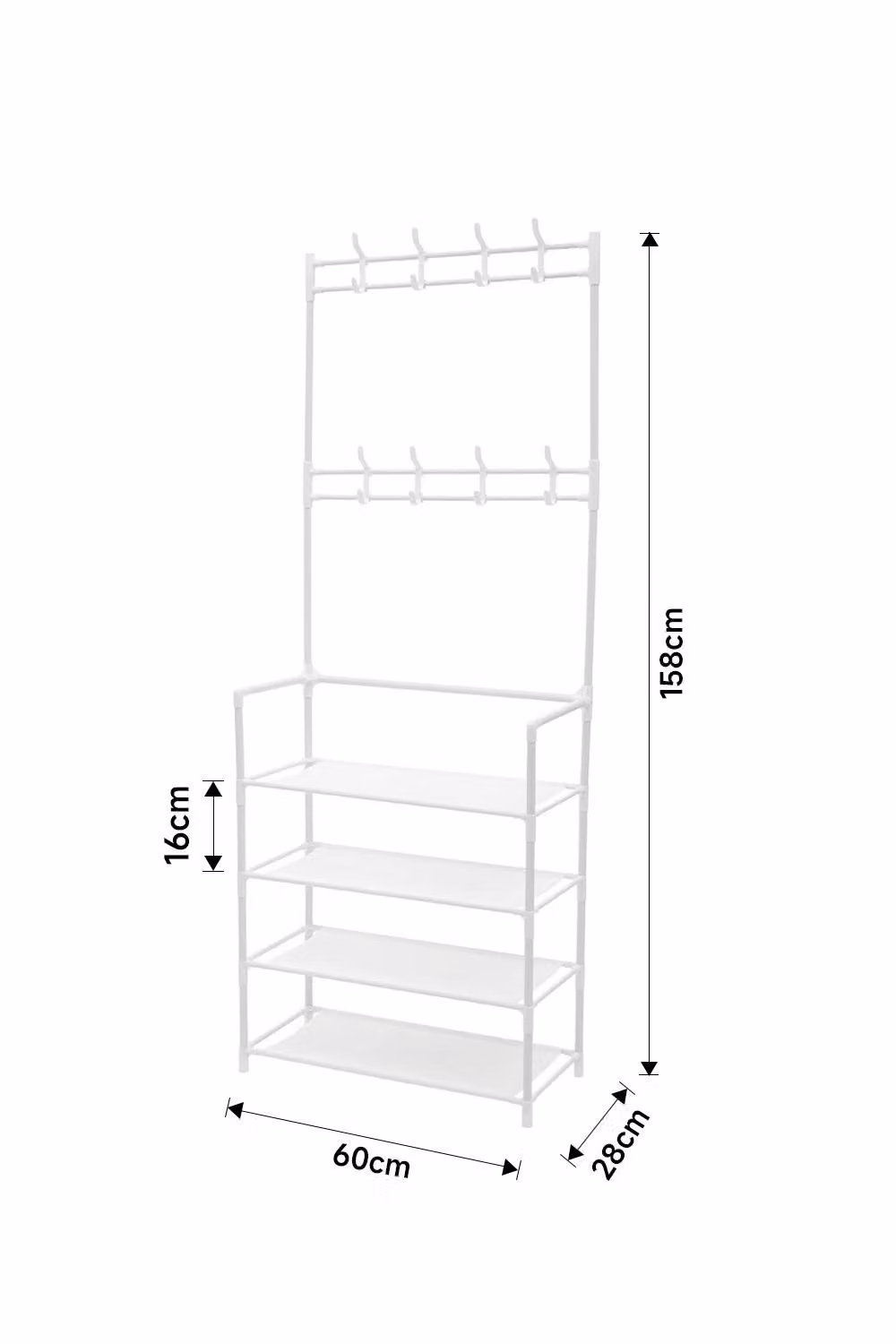 Living and Home 4 Tier Shoe Shelf Storage Organiser with Clothes Hanger Garment Rack and Hooks in White – 2