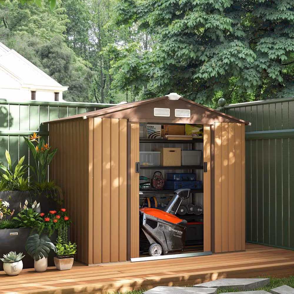 Rolipo Lockable Metal Garden Shed in Brown, W/D/H: 213.36 x 121.92 x 185 cm – 8