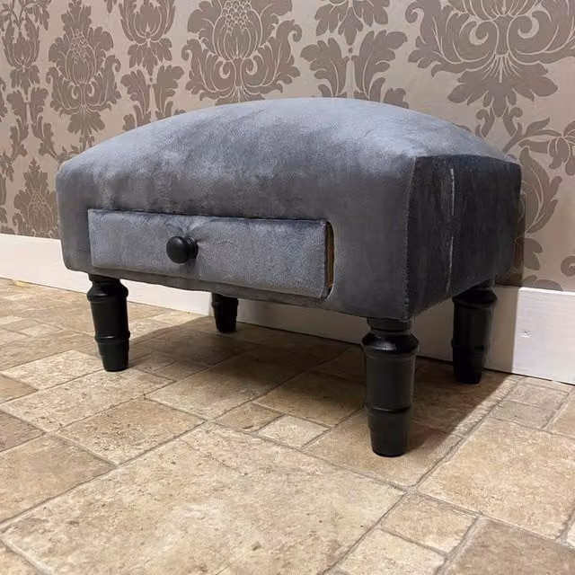 Minster Velvet Footstool with Drawer, Grey, W: 45 cm, D: 25 cm, H: 28 cm