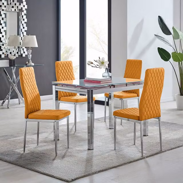 Furniturebox Enna White Glossy Glass Extending Rectangular Kitchen Dining Table and 4 Milan Chairs in Mustard
