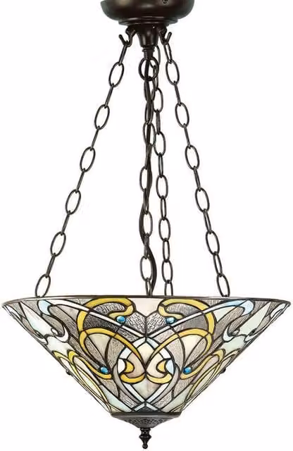 Interiors 1900 Dauphine 3 Light Inverted Ceiling Pendant in Dark Bronze with Multicolour Tiffany Glass