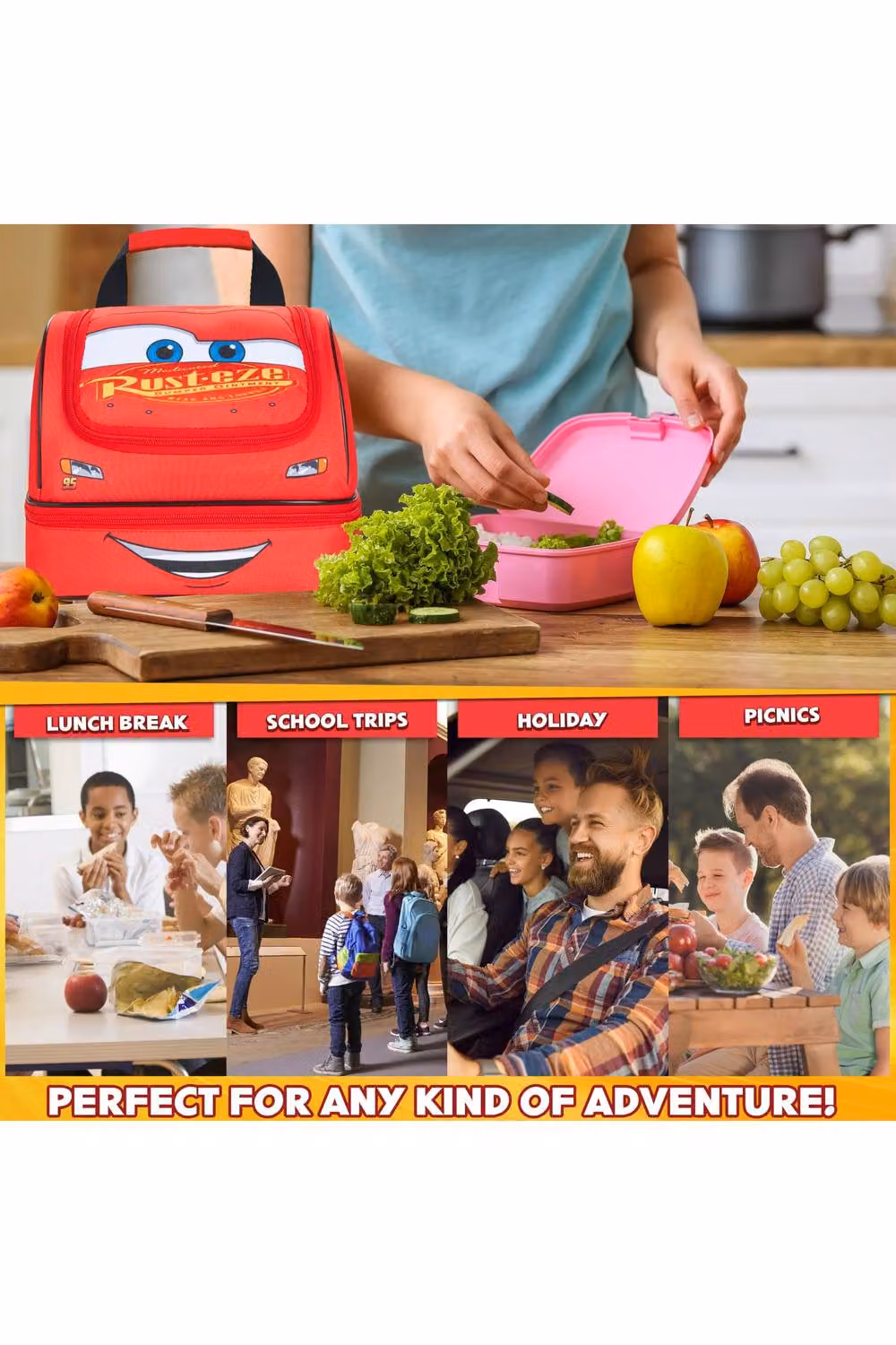 Disney Cars Insulated Kids Lunch Bag with Dual Compartments in Red – 6